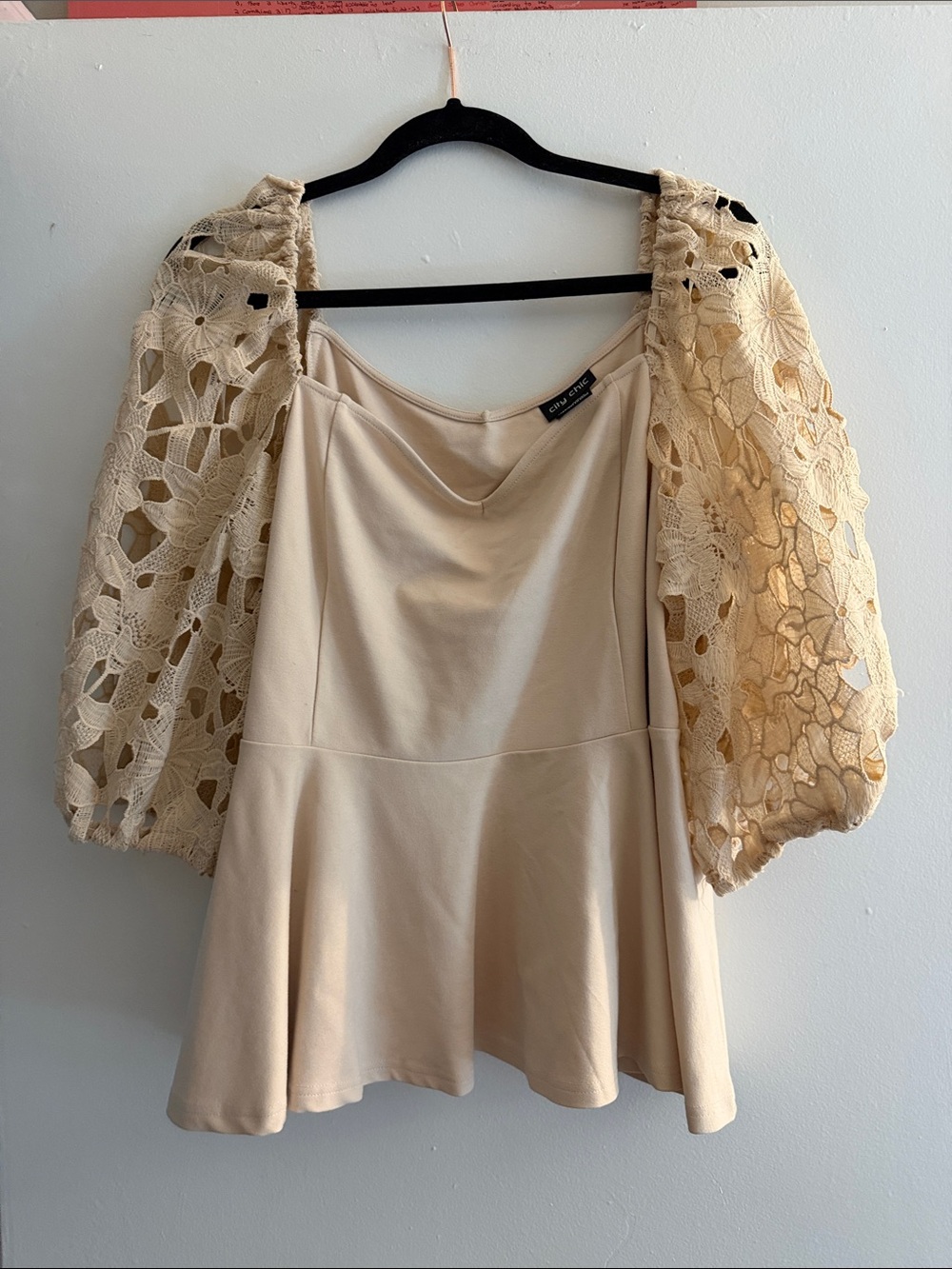 Club Monaco Cream Peplum Camisole with Crochet Puff Sleeves